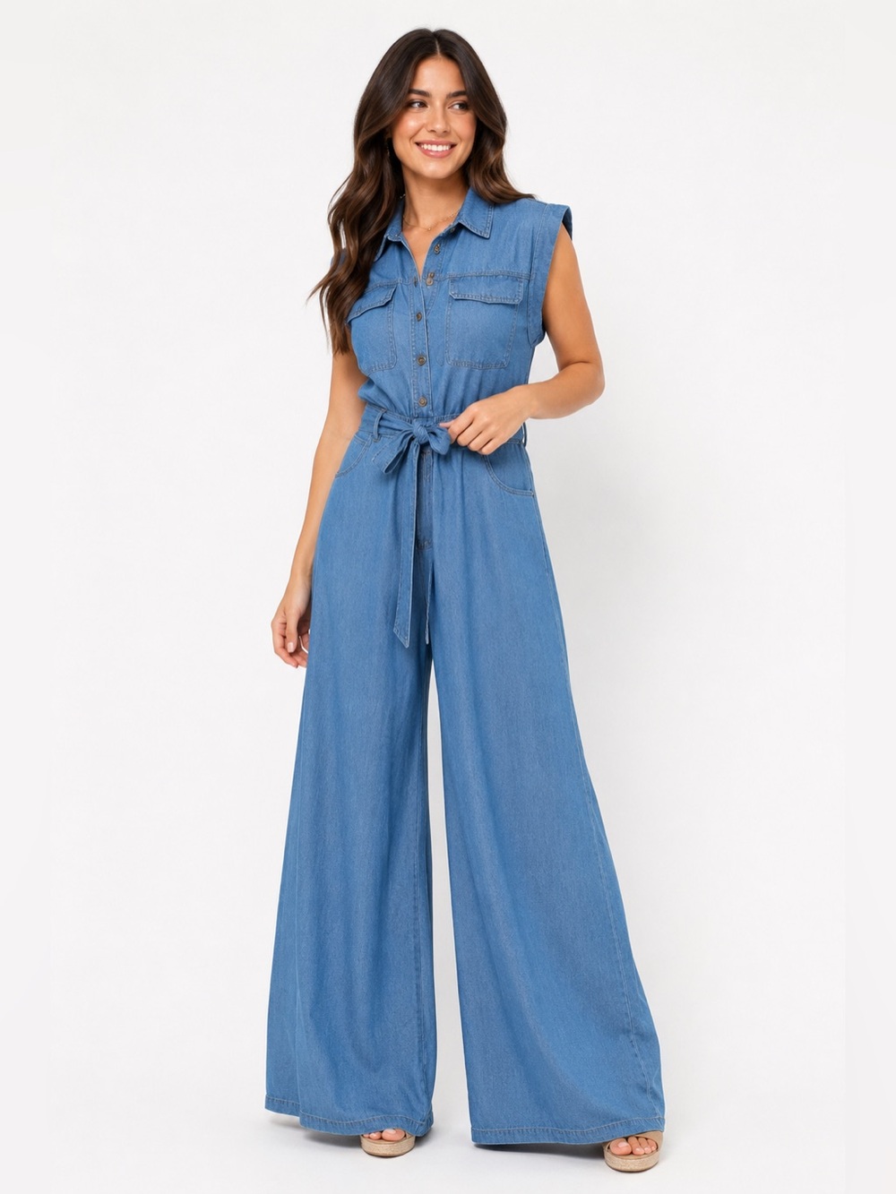 GIVEN KALE Chambray Denim Utility Jumpsuit Tie Waist Women’s Size Small NWT